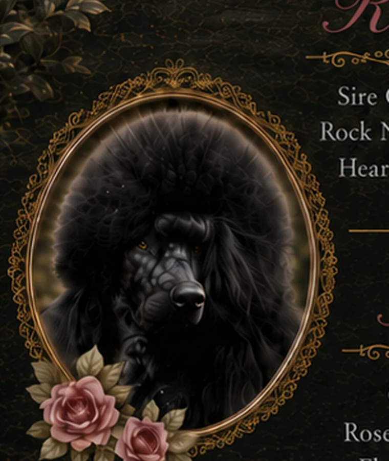 Ivan, a black Standard Poodle shown in the Rose Cottage announcement