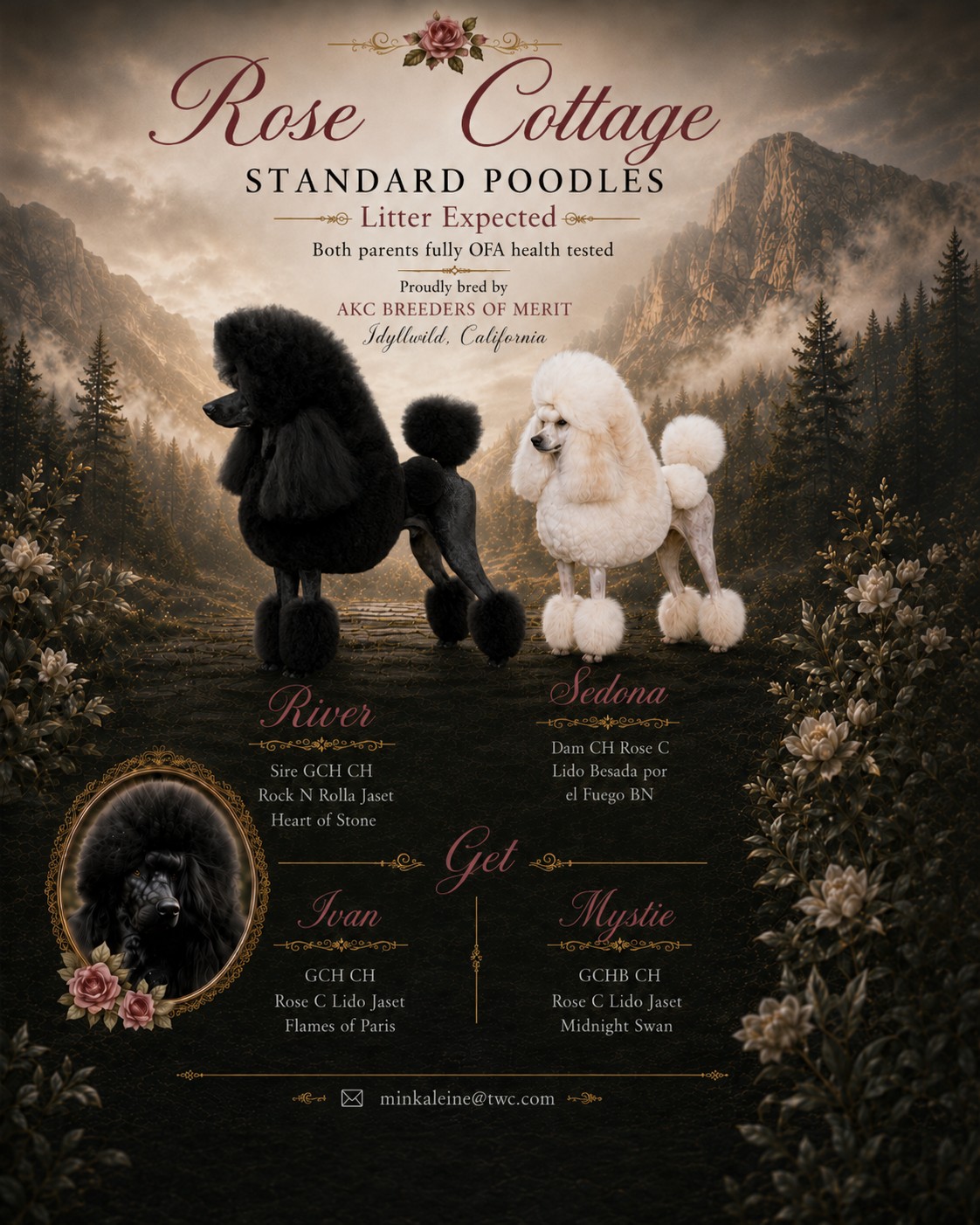 Rose Cottage Standard Poodles litter announcement featuring River and Sedona